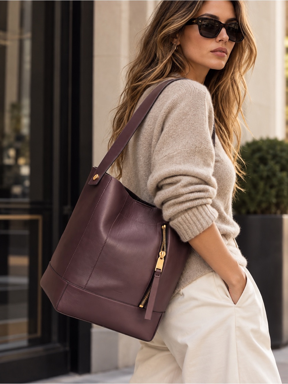 AllSaints Alba Leather Hobo Bag Burgundy Brown Gold Zip Large Shoulder Tote